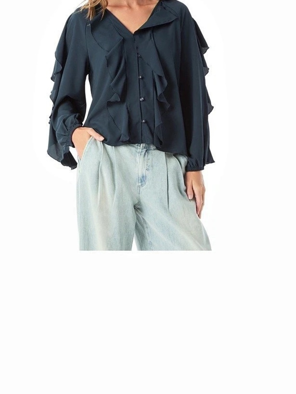 Dee Ocleppo Elysia Ruffle V-Neck Button-Up Blouse Ruffle V-Neck Blouse Black